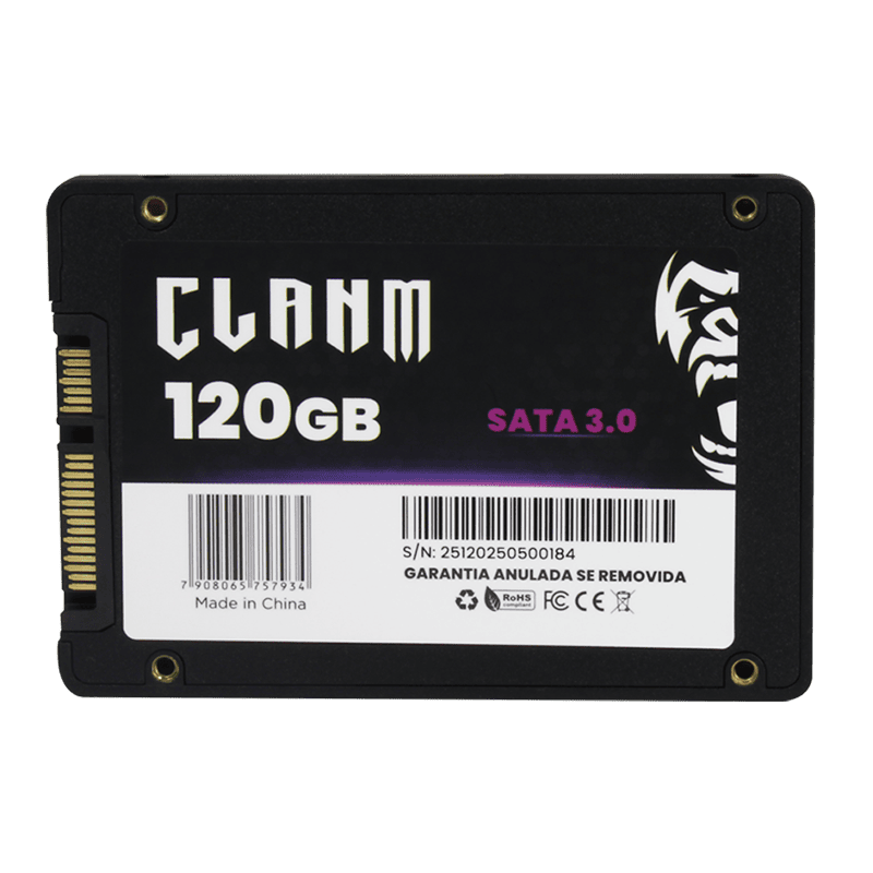 SSD CLANM, 120GB, SATA III, 2.5″, Leitura: 500MB/s, Gravação: 480MB/s, Preto