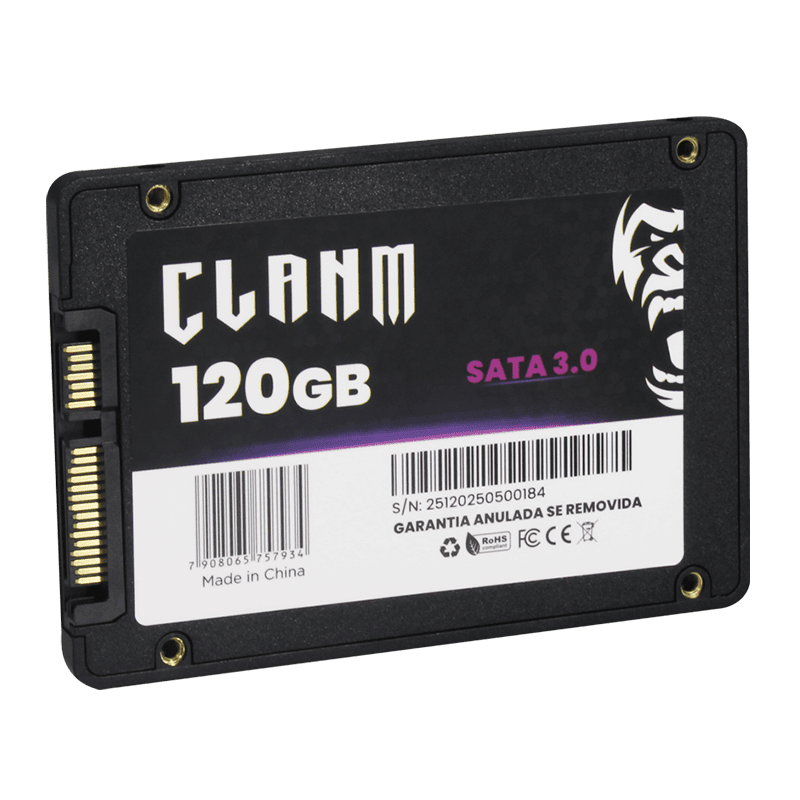 SSD CLANM, 120GB, SATA III, 2.5″, Leitura: 500MB/s, Gravação: 480MB/s, Preto