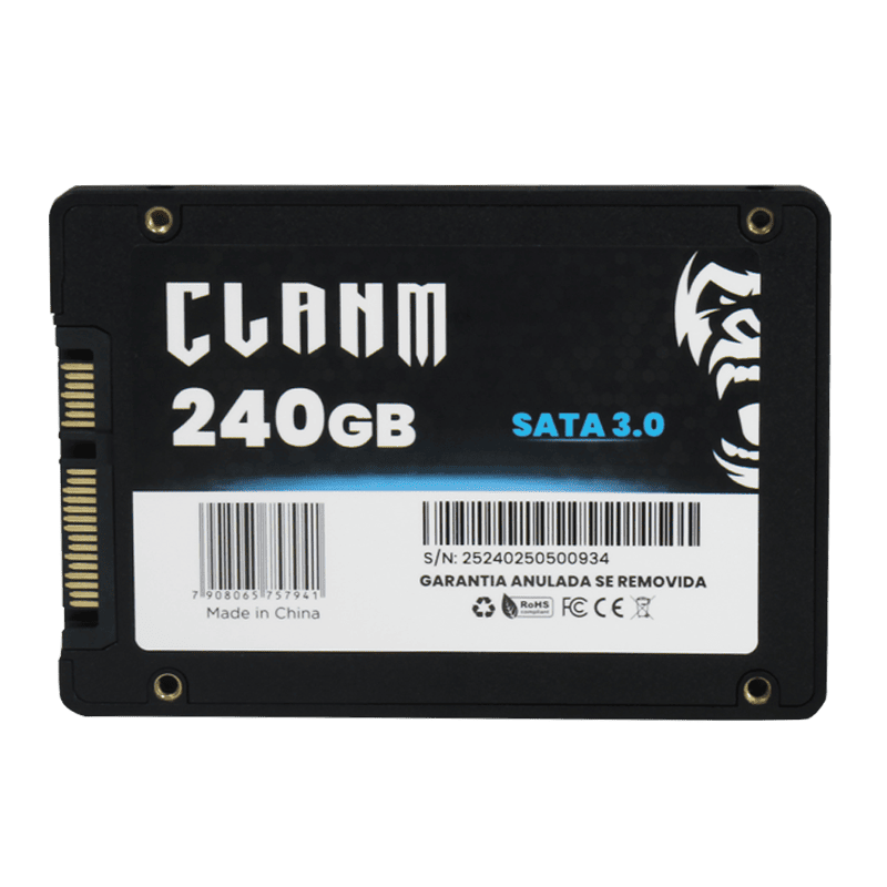SSD CLANM, 240GB, SATA III, 2.5″, Leitura: 520MB/s, Gravação: 500MB/s, Preto