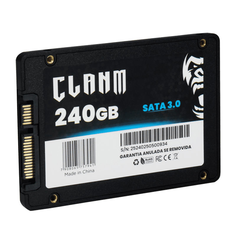 SSD CLANM, 240GB, SATA III, 2.5″, Leitura: 520MB/s, Gravação: 500MB/s, Preto