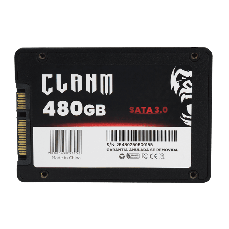 SSD CLANM, 480GB, SATA III, 2.5″, Leitura: 530MB/s, Gravação: 510MB/s, Preto