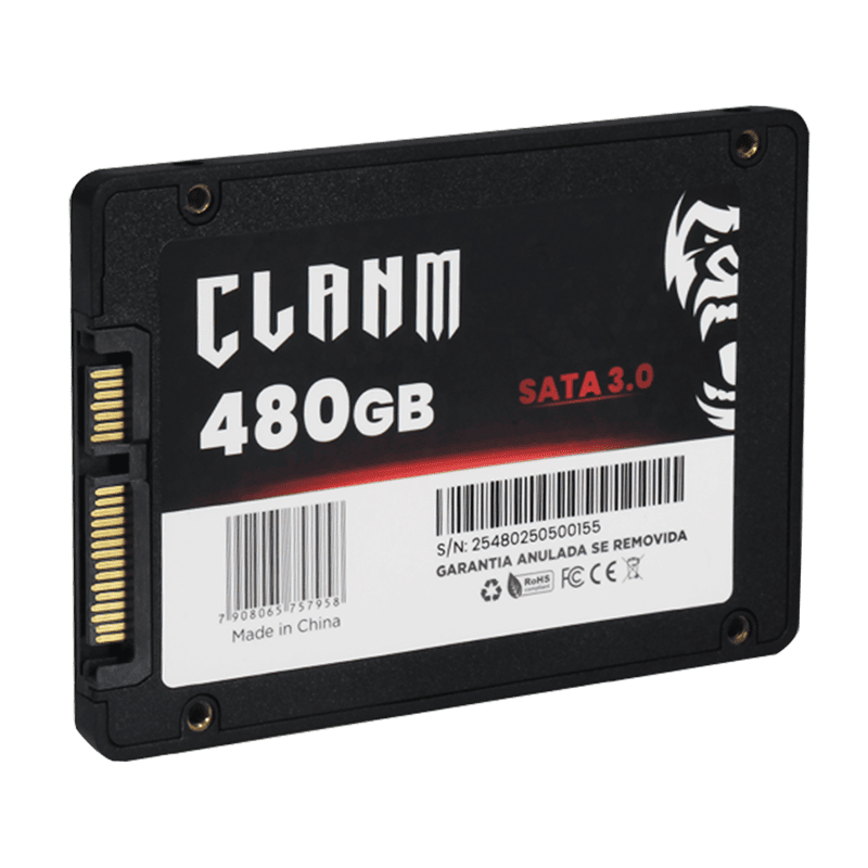 SSD CLANM, 480GB, SATA III, 2.5″, Leitura: 530MB/s, Gravação: 510MB/s, Preto